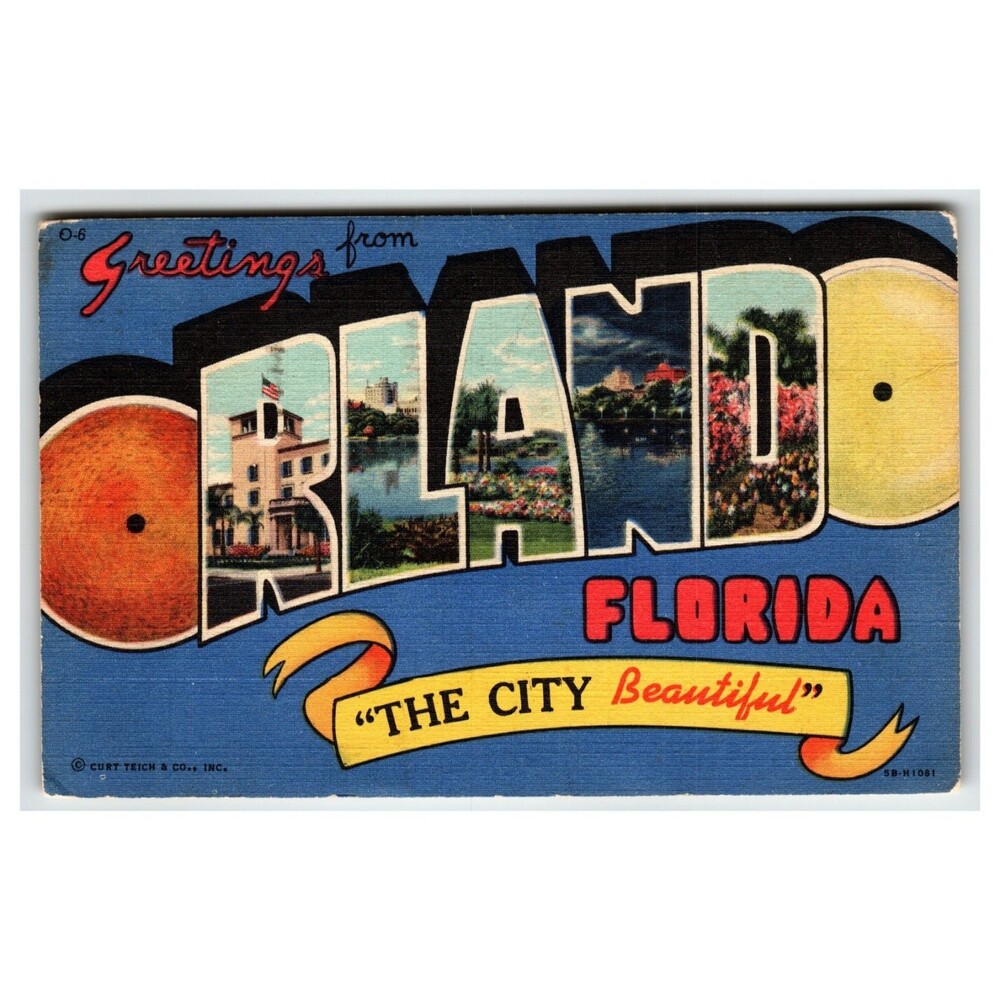 1947 Curt Teich Linen 'Greetings From Orlando Florida' Large Letter Postcard